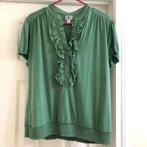 Olive ruffle neck banded hem blouse XL